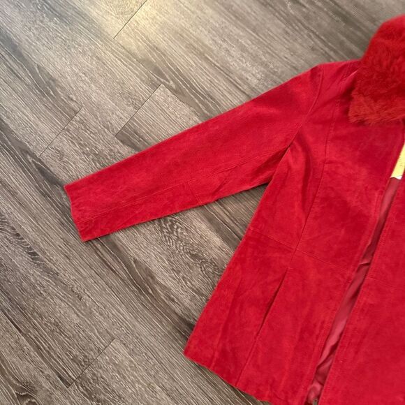 Centigrade Leather Red Faux Fur Collar Leather Zip Up Jacket - Picture 2 of 9